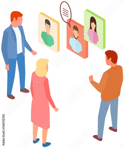 People discussing app for chatting and mailing. Program, social network for online communication via Internet. Teamwork with digital technology, mobile application. Colleagues talk at work meeting