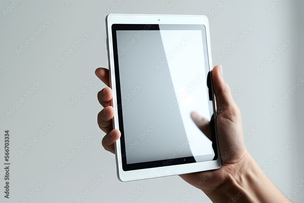 a person holding a tablet with a white screen in their hand and a white background behind it, with a hand holding a tablet with a white screen. generative ai a person holding a tablet with a white screen in their hand and a white background behind it, with a hand holding a tablet with a white screen. generative ai