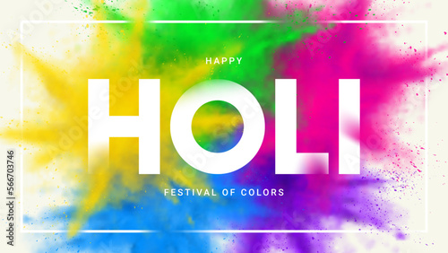 Happy holi festival banner. Abstract explosions of colorful powders. Vector illustration for decoration of Holi event. Template of design for branding cover, card, poster or banner.