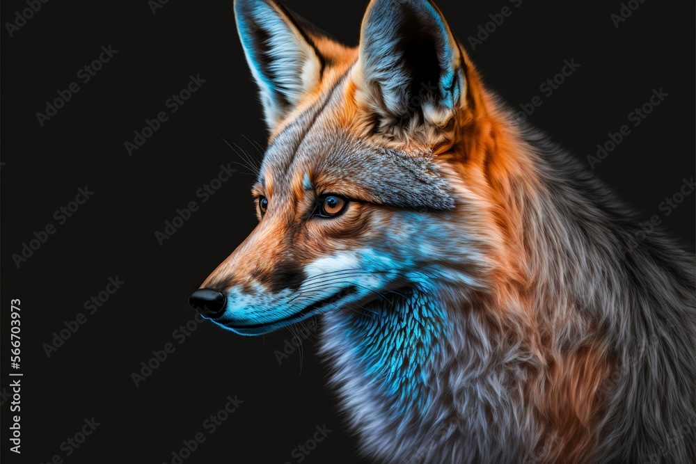 a close up of a fox's face with a black background and a blue and orange hued fur on it's head. generative ai a close up of a fox's face with a black background and a blue and orange hued fur on it's head. generative ai