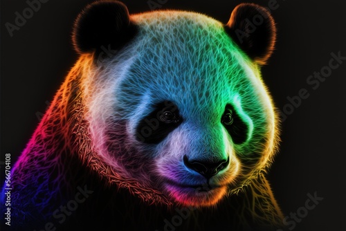  a panda bear with a multicolored background is looking at the camera with a sad look on his face and eyes, with a black background of a black background.  generative ai photo
