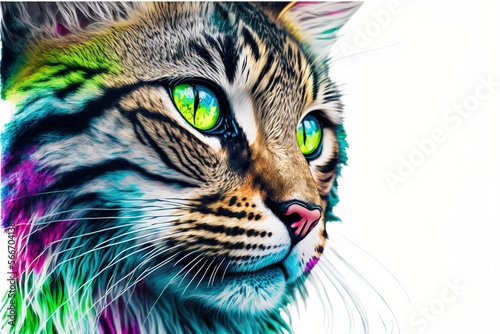  a multicolored cat's face is shown with bright green eyes and a white back ground with a white back ground with a white background. generative ai