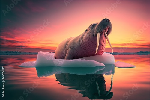  a walpopotamus is sitting on an ice floet in the water at sunset or dawn, with a pink sky and orange background.  generative ai photo