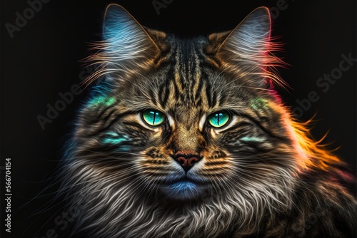  a close up of a cat with blue eyes and a long mane with green eyes and a black background with a black background and a black background. generative ai