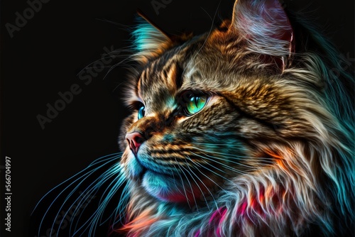  a multicolored cat with a black background and a black background with a blue, green, red, and orange cat's eyes. generative ai