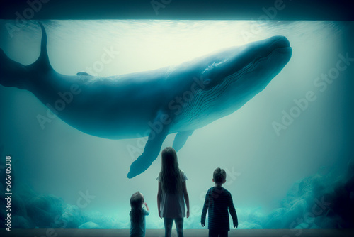 Children watch a whale in a large aquarium. World Whale Day and protection of marine animals. Generative AI