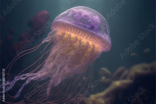 a jellyfish swimming in an aquarium with a light shining on it's head and a fish in the water behind it, with a light shining on its back side. generative ai