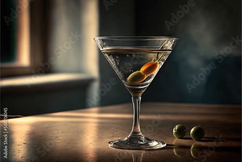  a martini glass with olives on a table next to a bottle of wine and a glass with a bottle of wine in it and a glass with olives in it. generative ai