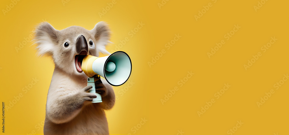 koala bear holding megaphone, panoramic layout. Generative Ai - obrazy, fototapety, plakaty 