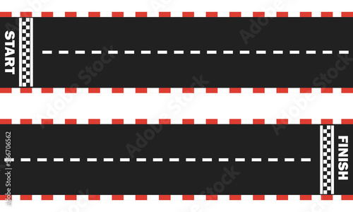 Racing road background with red checkered borders. Race track with start and finish line. Top view. Template design for karting, formula 1, nascar racing. Vector illustration