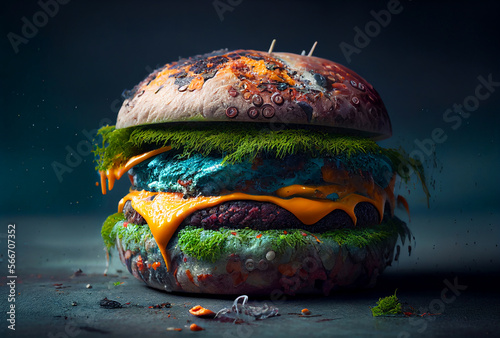 Mold Burger, Cheeseburger AI Generative Illustration. Silicone Mold Hamburger. Moldy Whopper. Burgers Bun with moldy cheese and stale. Damaged expired Polluted food . Moldy cheeseburger. Burger mildew photo