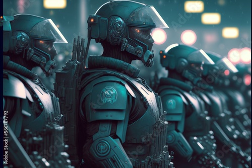 Soldaten und Polizei der Zukunft, gemischt mit Cyborg Technologie. ai generativ