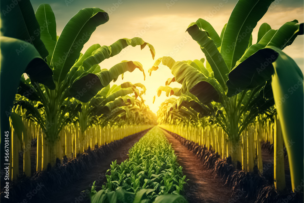 Banana plantation Organic Crop. Beautiful agricultural background