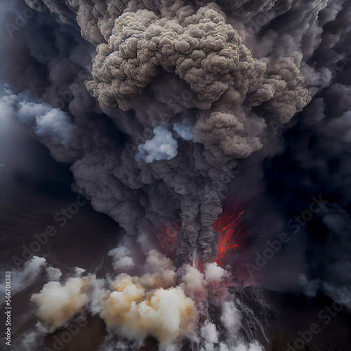 A Volcano Erupting with Plumes of Smoke and Ash Visible from an Aerial Perspective made with Generative AI