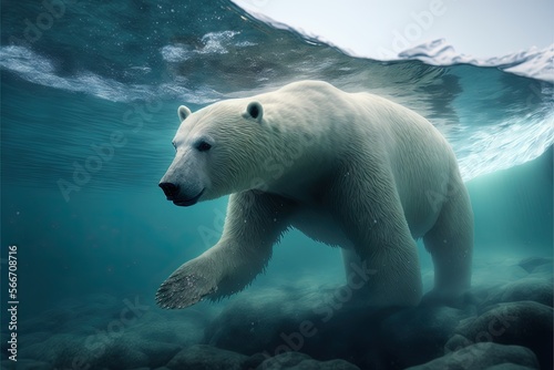  a large white polar bear swimming in the ocean with rocks and water around it's edges and under the water's surface, under the surface. generative ai