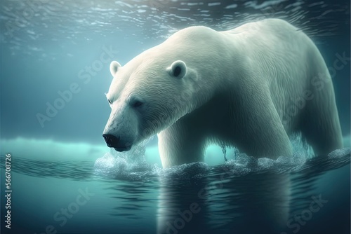  a large white polar bear standing in the water near the shore of the ocean with a blue sky and clouds behind it and a full moon in the background. generative ai