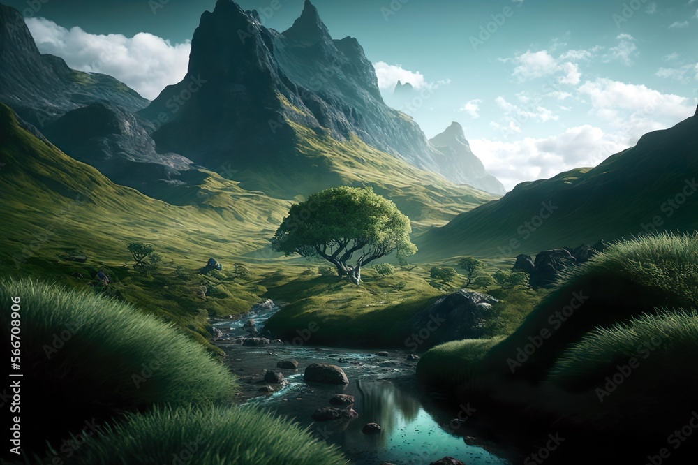 Green landscape, Mountains, AI, Created with AI, Generative AI