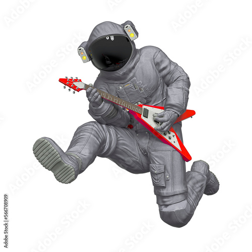 astronaut is jumping and playing guitar