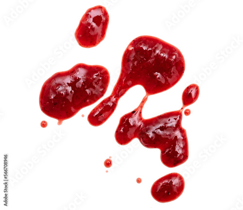 Drops and stains of liquid red berry jam or sauce isolated on transparent background, top view, PNG