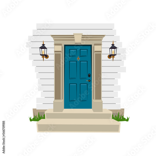 House or apartment entrance, wall with lamps and steps around wooden door isolated on white background. Porch flat vector illustration. Exterior design concept