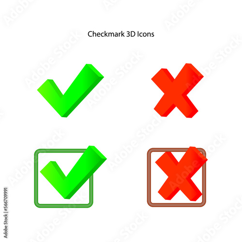 3D checkmark and X mark icon on white background. check and uncheck icon vector. validation icon vector. for apps and websites.