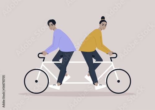 Two characters riding same bike in different directions, a metaphor of argument and disagreement