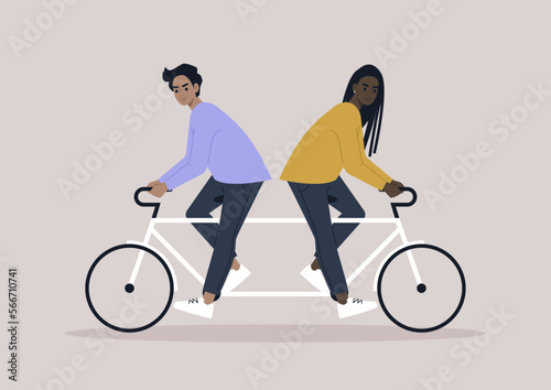 Two characters riding same bike in different directions, a metaphor of argument and disagreement