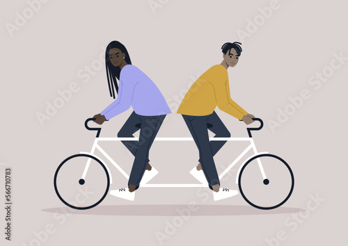 Two characters riding same bike in different directions, a metaphor of argument and disagreement
