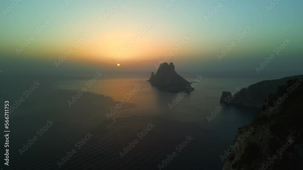 Sunset, golden hour at ibiza es vedra island. Perfect aerial view flight drone Sunset, golden hour at ibiza es vedra island. Perfect aerial view flight drone