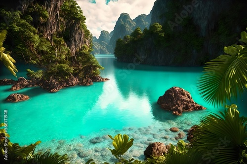 Beautiful island scenery, paradise, blue water, holiday theme, AI, Created with AI, Generative AI © RMKD