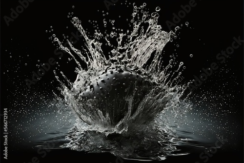  a ball is splashing into the water on a black background with a splash of water on it and the ball is in the air.  generative ai photo