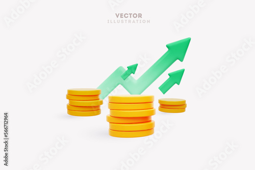 3d growth stock chart with coins investing icon, Excellent investing business graph on background . 3d rendering. Vector illustration