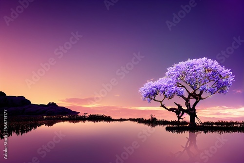 Violet magic tree near beautiful pinkish lake. Generative AI © MUNUGet Ewa