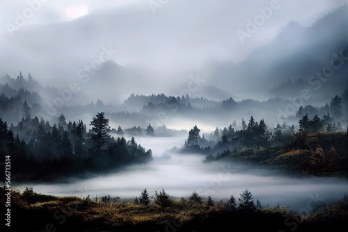 Beautiful misty forest landscape. Fog over river. Generative AI