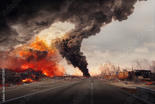 Explosion on crumbling road, charred wasteland, crashed trailer. Generative AI