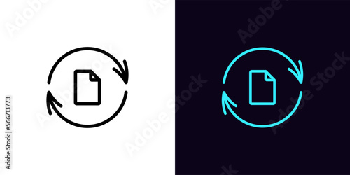 Outline file update icon, with editable stroke. Update arrows frame with document sign, file sync pictogram. Renew contract, update agreement document, refresh data, file backup.