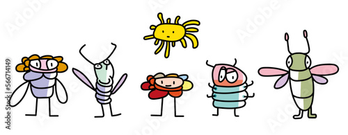 Set Insektenfiguren, lustige fröhliche Käfer, Fliege, Sonne  und komische Raupe. Niedliche Insektenmaskottchen, Szene mit cartoon Tierchen, Isolierte vector icons