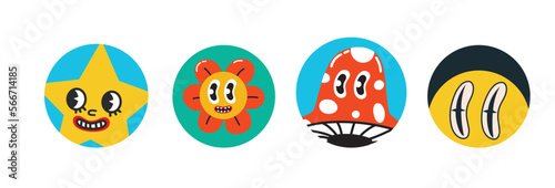 Set of Vector highlight covers. Collection of elements in trendy retro cartoon style. Hand drawn templates. Round icons for social media stories. Perfect for bloggers