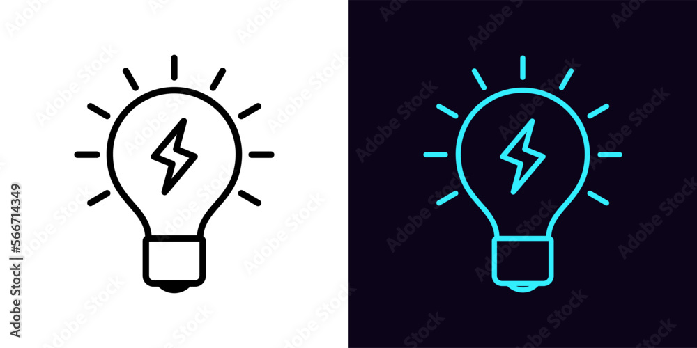 Outline electric lamp icon, with editable stroke. Lamp frame with lightning sign, flash idea pictogram. Electric energy and fuel, electrical charge power, creative solution.
