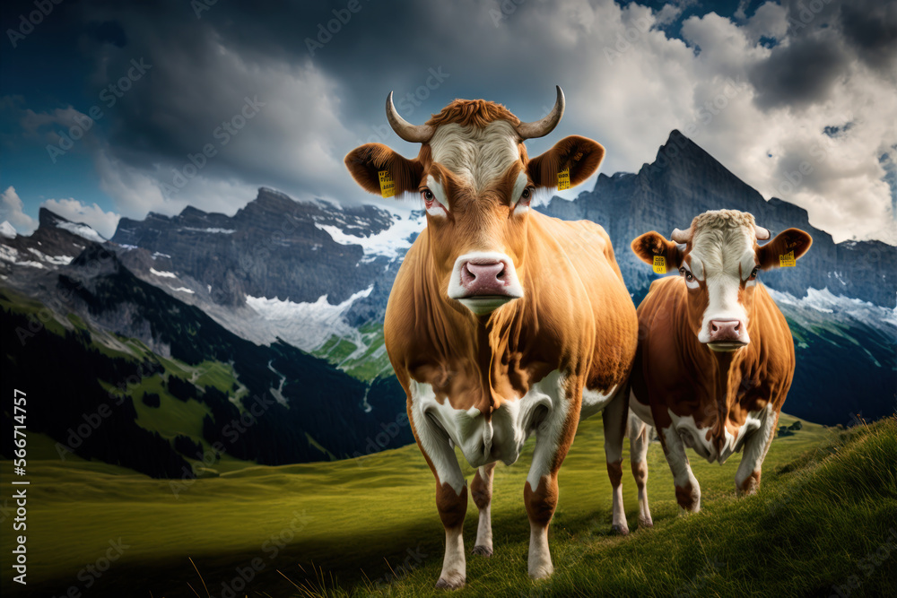 cows in switzerland with meadows and mountains. generative ai cows in switzerland with meadows and mountains. generative ai