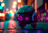 Futuristic cyborg droid on a blurred cyberpunk city background with bright neon lights. bokeh effect. Future concept. Generative AI illustration.