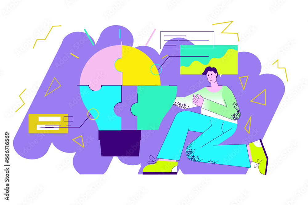 Violet concept Business idea with people scene in the flat cartoon design. Man implements his business idea in parts