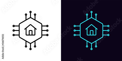 Outline home circuit icon, with editable stroke. Micro circuit frame with house sign, iot home pictogram. Smart house control system, iot chip and network cpu, remote home security.