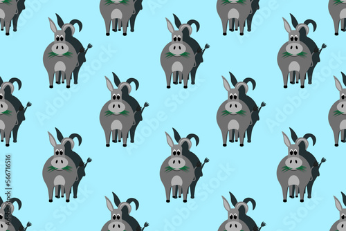 Seamless pattern with cartoon little donkey on blue background in cut out style. Endless backdrop with burro. Wallpaper and bed linen print with farm animal.