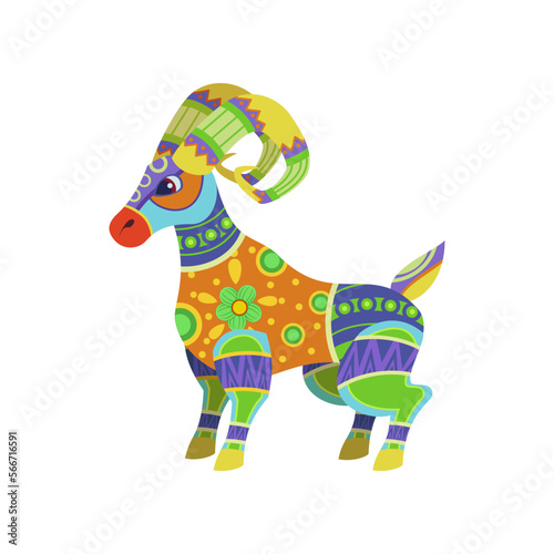Fototapeta Naklejka Na Ścianę i Meble -  Fantastic goat as traditional Mexican decorative element isolated on white background. Colorful Mexican alebrije vector illustration. Mexico, decoration, celebration concept