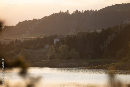 A romantic sunset over a beautiful lake