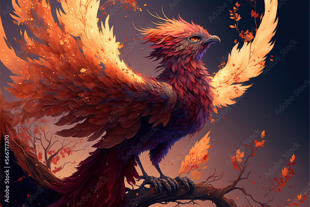 Fototapeta premium the Phoenix is perched on a branch of dried flowers. She has bright, fiery feathers that form a long, luxurious tail.