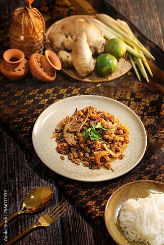 Traditional Thai food Spicy minced pork salad on wooden table.