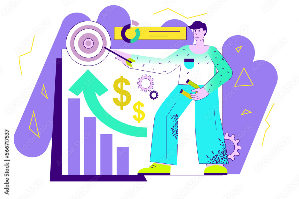 Business target violet concept with people scene in the flat cartoon design. Man demonstrates business indicators and what to focus on
