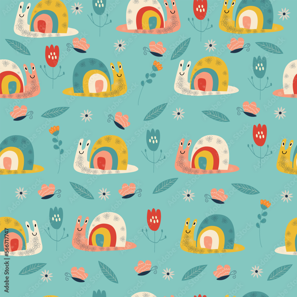 Seamless childish pattern with fairy flowers, snails, butterflies. Creative kids city texture for fabric, wrapping, textile, wallpaper, apparel. Vector illustration